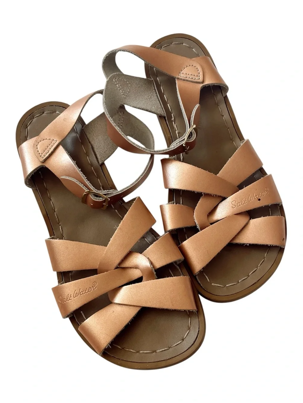SALT WATER Sandals Hoy Fisherman Rose Gold Leather Buckle Mary Jane Strappy